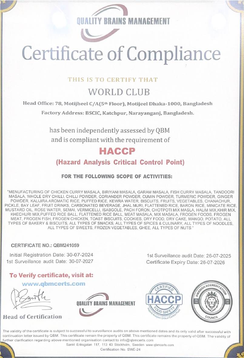 HACCP certificate issued to World Club