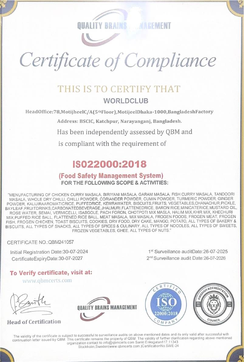 ISO 22000:2018 certificate issued to World Club