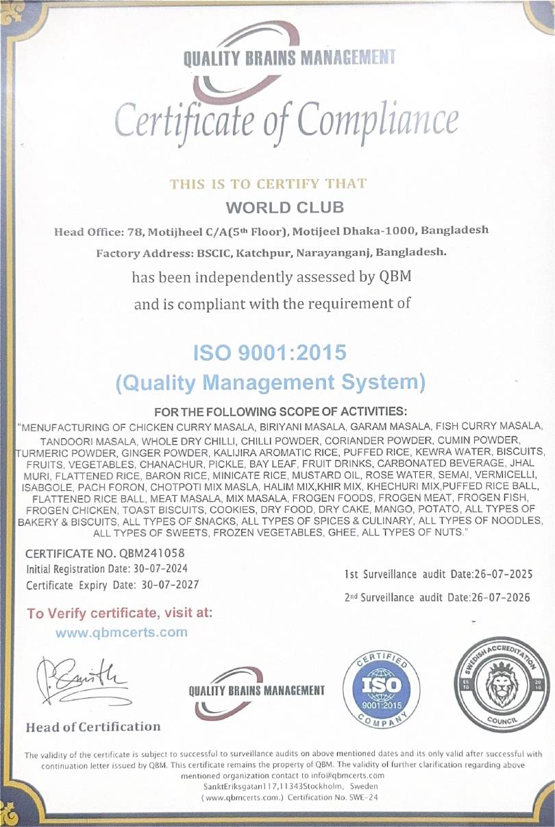 ISO 9001:2015 certificate issued to World Club